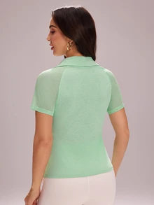 CourtClass CourtClass Women's Casual Sports Contrast Mesh Zip-Up Short Sleeve Polo Shirt - Mint Green - View 5