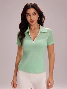 CourtClass CourtClass Women's Casual Sports Contrast Mesh Zip-Up Short Sleeve Polo Shirt - Mint Green - View 6