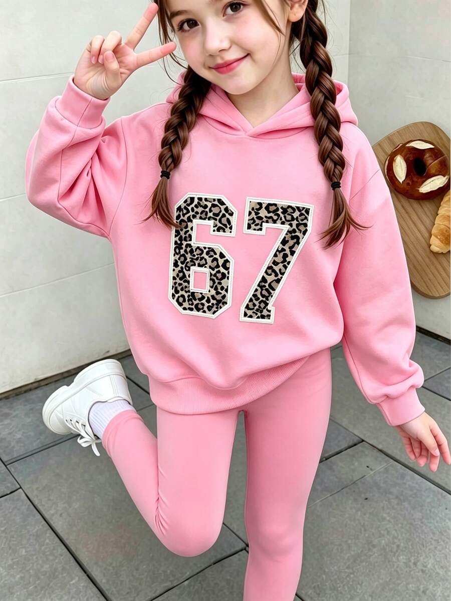 少女豹紋數字67圖案長袖連帽套頭衛衣,甜美休閒秋季少女上衣 - 粉色 - 查看 1