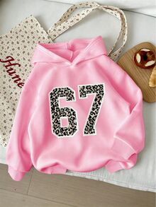 少女豹紋數字67圖案長袖連帽套頭衛衣，甜美休閒秋季少女上衣 - 粉色 - 查看 3
