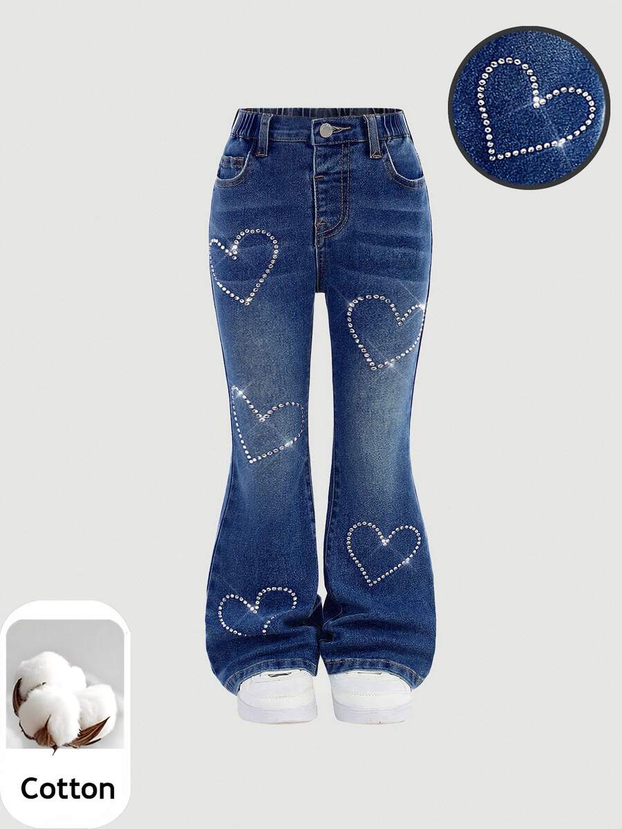 Maija Kids Maija Kids Young Girl Sparkling Heart Rhinestone Decor Blue Denim Skinny Flare Pants, Young Girls Flare Jeans With Rhinestones, Rhinestone Heart Jeans Girls Jeans With Rhinestone Hearts Fall Winter - Dark Wash - View 1