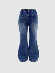 Maija Kids Maija Kids Young Girl Sparkling Heart Rhinestone Decor Blue Denim Skinny Flare Pants, Young Girls Flare Jeans With Rhinestones, Rhinestone Heart Jeans Girls Jeans With Rhinestone Hearts Fall Winter - Dark Wash - View 3