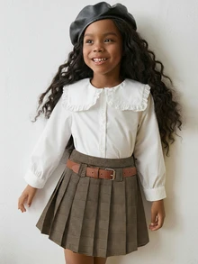 Maija Kids Maija Kids 女童格子百褶裙，配腰带，适合感恩节等各种场合，四季皆宜，日常穿着，春、夏、秋、冬皆可，也是一份很棒的圣诞礼物。 - 棕色 - 查看 3