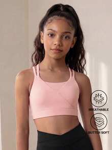 SHEIN 青少年女孩運動服 素色針織運動背心，修身交叉設計短版吊帶背心，高彈性面料，校園運動休閒，Y2K風格，秋冬四季通用，健身課穿搭 - 藕粉色 - 查看 4