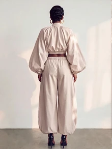 BamGlimmer 秋冬新款女款大廓形寬鬆落肩長袖短版夾克,時尚休閒風,適合日常穿著、派對聚會 - 駝色 - 查看 3