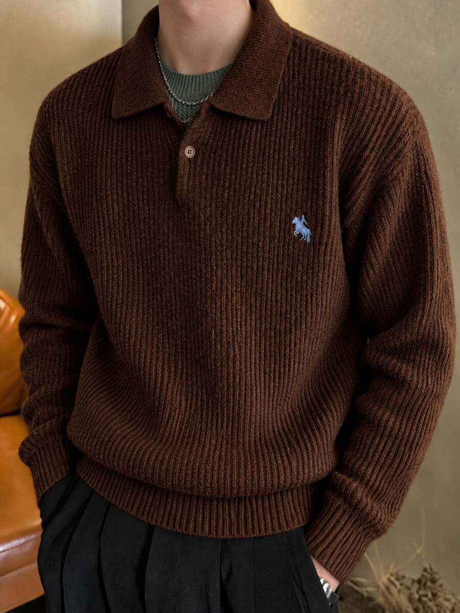 Manfinity CasualKnits Men's Casual Formal Old Money Versatile Solid Color Brown Sweater, Autumn/Winter - Brown - View 1