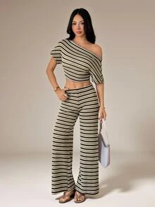 SHEIN PETITE 女款小碼兩件套：棕色露肩上衣與對比條紋長褲 - 咖啡棕 - 查看 3