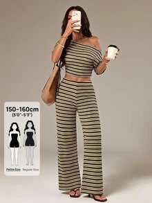 SHEIN PETITE 女款小碼兩件套：棕色露肩上衣與對比條紋長褲 - 咖啡棕 - 查看 1
