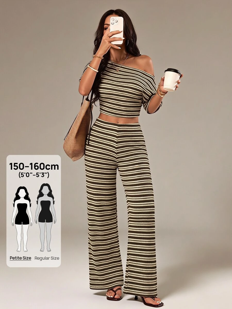 SHEIN PETITE 女款小碼兩件套:棕色露肩上衣與對比條紋長褲 - 咖啡棕 - 查看 1