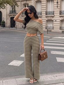 SHEIN PETITE 女款小碼兩件套：棕色露肩上衣與對比條紋長褲 - 咖啡棕 - 查看 8