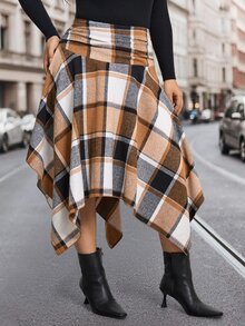 Easowa Curve Plus Size Women's Plaid Casual Versatile Daily Skirt Fall - Coffee Brown - View 4