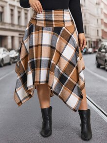 Easowa Curve Plus Size Women's Plaid Casual Versatile Daily Skirt Fall - Coffee Brown - View 1