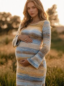 Boho Mama Maternity Striped Round Neck Long Sleeve Fitted Knit Dress - Multicolor - View 2