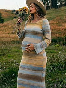 Boho Mama Maternity Striped Round Neck Long Sleeve Fitted Knit Dress - Multicolor - View 1