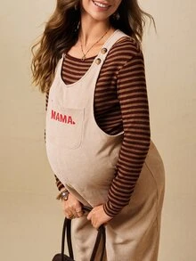 Boho Mama 孕婦字母刺繡口袋設計休閒吊帶褲 - 杏色 - 查看 3