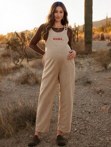 Boho Mama 孕婦字母刺繡口袋設計休閒吊帶褲 - 杏色 - 查看 2