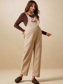 Boho Mama 孕婦字母刺繡口袋設計休閒吊帶褲 - 杏色 - 查看 7