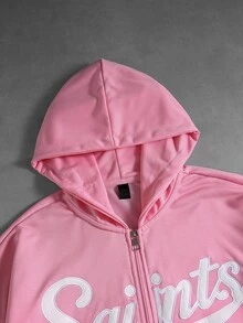 ROMWE MEN Street Life Men's Embroidered Pattern Loose Fit Open Front Hooded Sweatshirt - Pink - View 4