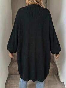 SHEIN CURVE+ كارديجان طويل محبوك بأضلاع مع أكتاف منخفضة، ملابس علوية بأكمام طويلة، كارديجان طويل للنساء بمقاسات كبيرة، قصة ضيقة، ضروري للخريف/الشتاء - الأسود - مشاهدة 2