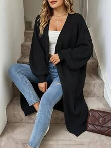 SHEIN CURVE+ كارديجان طويل محبوك بأضلاع مع أكتاف منخفضة، ملابس علوية بأكمام طويلة، كارديجان طويل للنساء بمقاسات كبيرة، قصة ضيقة، ضروري للخريف/الشتاء - الأسود - مشاهدة 4