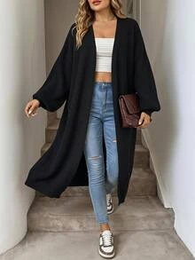 SHEIN CURVE+ كارديجان طويل محبوك بأضلاع مع أكتاف منخفضة، ملابس علوية بأكمام طويلة، كارديجان طويل للنساء بمقاسات كبيرة، قصة ضيقة، ضروري للخريف/الشتاء - الأسود - مشاهدة 6