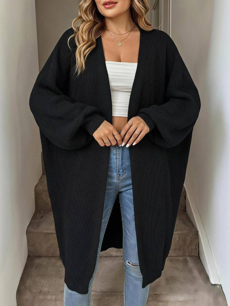 SHEIN CURVE+ Plus Size Dropped Shoulder Ribbed Knit Long Cardigan, Long Sleeve Top, Women's Plus Size Long Cardigan, Slim Fit, Autumn/Winter Essential - Black - View 5