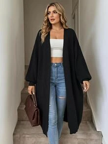 SHEIN CURVE+ كارديجان طويل محبوك بأضلاع مع أكتاف منخفضة، ملابس علوية بأكمام طويلة، كارديجان طويل للنساء بمقاسات كبيرة، قصة ضيقة، ضروري للخريف/الشتاء - الأسود - مشاهدة 8