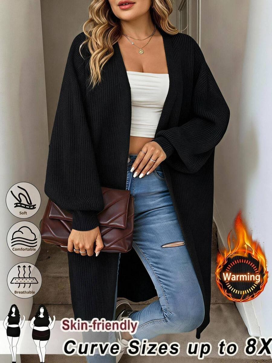 SHEIN CURVE+ كارديجان طويل محبوك بأضلاع مع أكتاف منخفضة، ملابس علوية بأكمام طويلة، كارديجان طويل للنساء بمقاسات كبيرة، قصة ضيقة، ضروري للخريف/الشتاء - الأسود - مشاهدة 1
