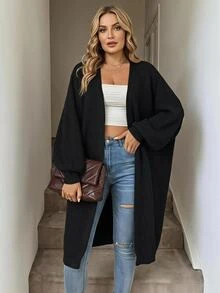 SHEIN CURVE+ كارديجان طويل محبوك بأضلاع مع أكتاف منخفضة، ملابس علوية بأكمام طويلة، كارديجان طويل للنساء بمقاسات كبيرة، قصة ضيقة، ضروري للخريف/الشتاء - الأسود - مشاهدة 7