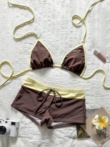 SHEIN Swim 女款比基尼泳衣，格紋圖案格紋泳褲，波希米亞度假風，海灘穿搭時尚造型，美國日穿搭，夏季海灘服飾 - 彩色 - 查看 3