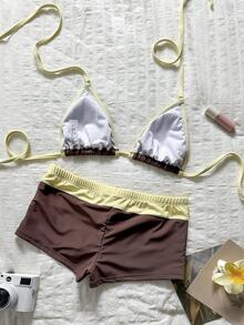 SHEIN Swim 女款比基尼泳衣，格紋圖案格紋泳褲，波希米亞度假風，海灘穿搭時尚造型，美國日穿搭，夏季海灘服飾 - 彩色 - 查看 4