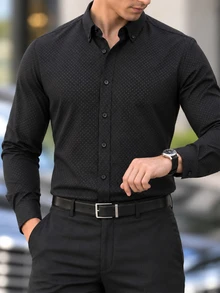 Manfinity Mode Men's Business Casual Polka Dot Embossed Fabric Long Sleeve Shirt, Formal, Old Money - Black - View 1
