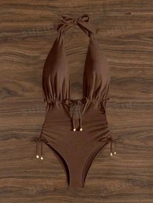 SHEIN Swim Women's Summer Beach Vacation Style Minimalist Solid Color Twist Back One-Piece Swimsuit - Brown - View 3