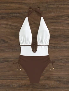 SHEIN Swim Women's Summer Beach Vacation Style Minimalist Solid Color Twist Back One-Piece Swimsuit - Brown - View 2