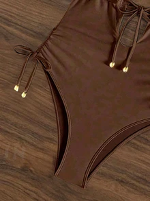 SHEIN Swim Women's Summer Beach Vacation Style Minimalist Solid Color Twist Back One-Piece Swimsuit - Brown - View 4
