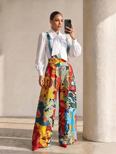 Structelle Elegant Elegant Spaghetti Strap Criss-Cross Tie Print Wide Leg Casual Long Pants Jumpsuit For Women