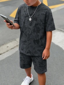 SHEIN Kids 2pcs Teen Boy Casual Comfortable Minimalist Round Neck Short Sleeve T-Shirt And Shorts Set Suitable For Birthday Parties, Evening Parties, Performances, Weddings, Baptisms, Opening Ceremonies Daily Suitable For Daily Use Suitable For School Suitable For Travel Suitable For Sports Suitable For Spring And Summer Outfits - Grey - View 3