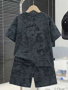 SHEIN Kids 2pcs Teen Boy Casual Comfortable Minimalist Round Neck Short Sleeve T-Shirt And Shorts Set Suitable For Birthday Parties, Evening Parties, Performances, Weddings, Baptisms, Opening Ceremonies Daily Suitable For Daily Use Suitable For School Suitable For Travel Suitable For Sports Suitable For Spring And Summer Outfits - Grey - View 2