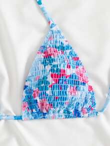 Swim Mod Floral Print Shirred Halter Knot Bikini Top For Summer Beach Vacation - Multicolor - View 3