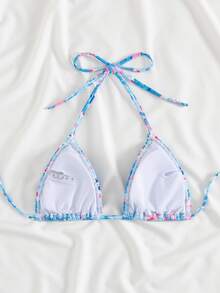 Swim Mod Floral Print Shirred Halter Knot Bikini Top For Summer Beach Vacation - Multicolor - View 2
