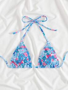 Swim Mod Floral Print Shirred Halter Knot Bikini Top For Summer Beach Vacation - Multicolor - View 4