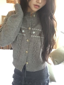 DAZY Women's Jacquard Korean Style Button Knit Cardigan Winter - Grey - View 7