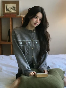 DAZY Women's Jacquard Korean Style Button Knit Cardigan Winter - Grey - View 4