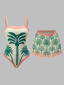 Vaclyn Women's Vacation Coconut Tree Print One-Piece Swimsuit With Cover-Up Shorts Set - Dark Green - View 8