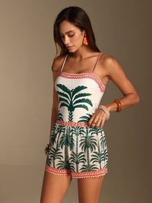 Vaclyn Women's Vacation Coconut Tree Print One-Piece Swimsuit With Cover-Up Shorts Set - Dark Green - View 4