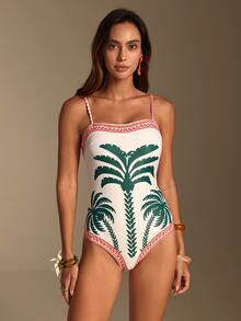 Vaclyn Women's Vacation Coconut Tree Print One-Piece Swimsuit With Cover-Up Shorts Set - Dark Green - View 6