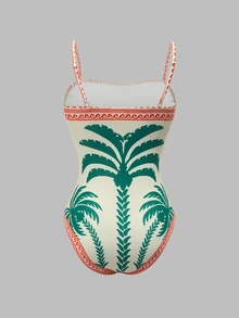 Vaclyn Women's Vacation Coconut Tree Print One-Piece Swimsuit With Cover-Up Shorts Set - Dark Green - View 9