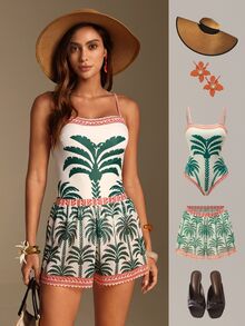 Vaclyn Women's Vacation Coconut Tree Print One-Piece Swimsuit With Cover-Up Shorts Set - Dark Green - View 1