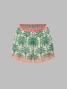 Vaclyn Women's Vacation Coconut Tree Print One-Piece Swimsuit With Cover-Up Shorts Set - Dark Green - View 10