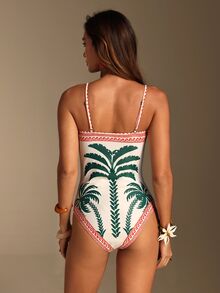 Vaclyn Women's Vacation Coconut Tree Print One-Piece Swimsuit With Cover-Up Shorts Set - Dark Green - View 7